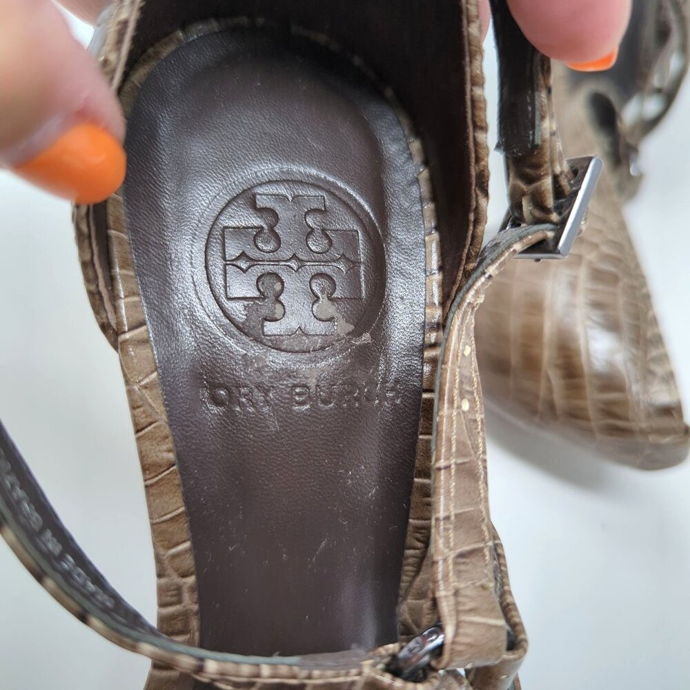 Tory Burch High Heels 6 Brown Strappy Open Toe Croc Embossed Leather - Picture 10 of 10